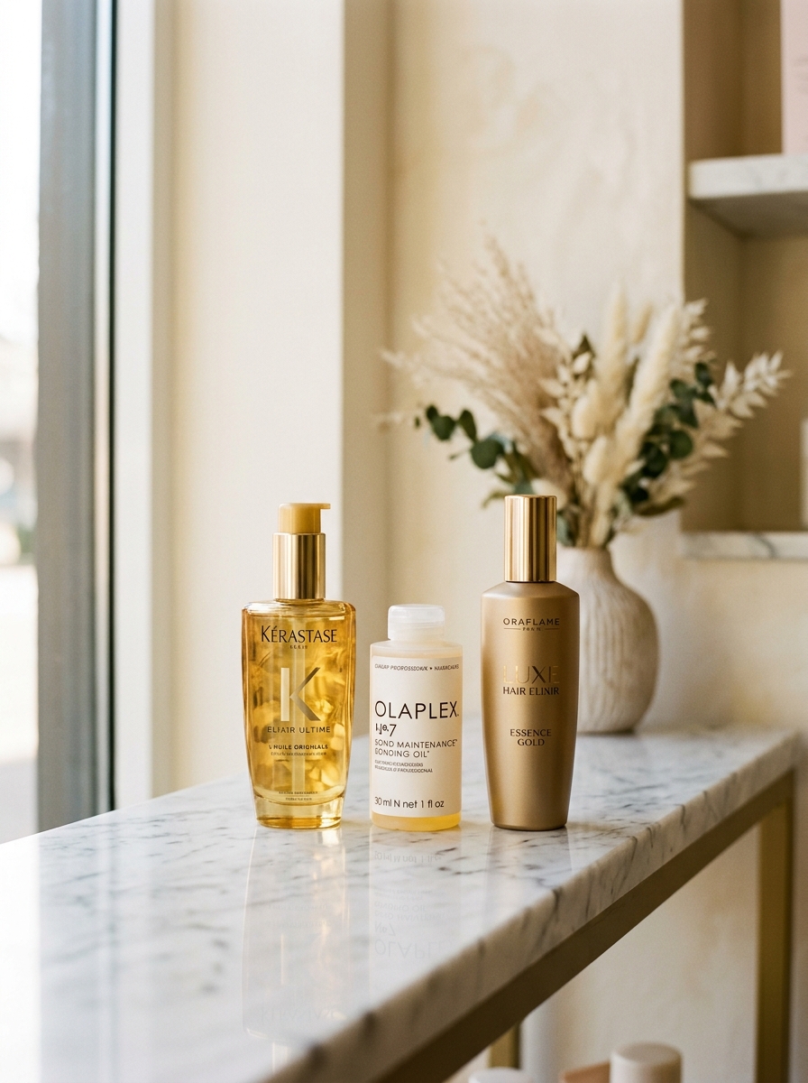 Premium salon retail products on marble shelf